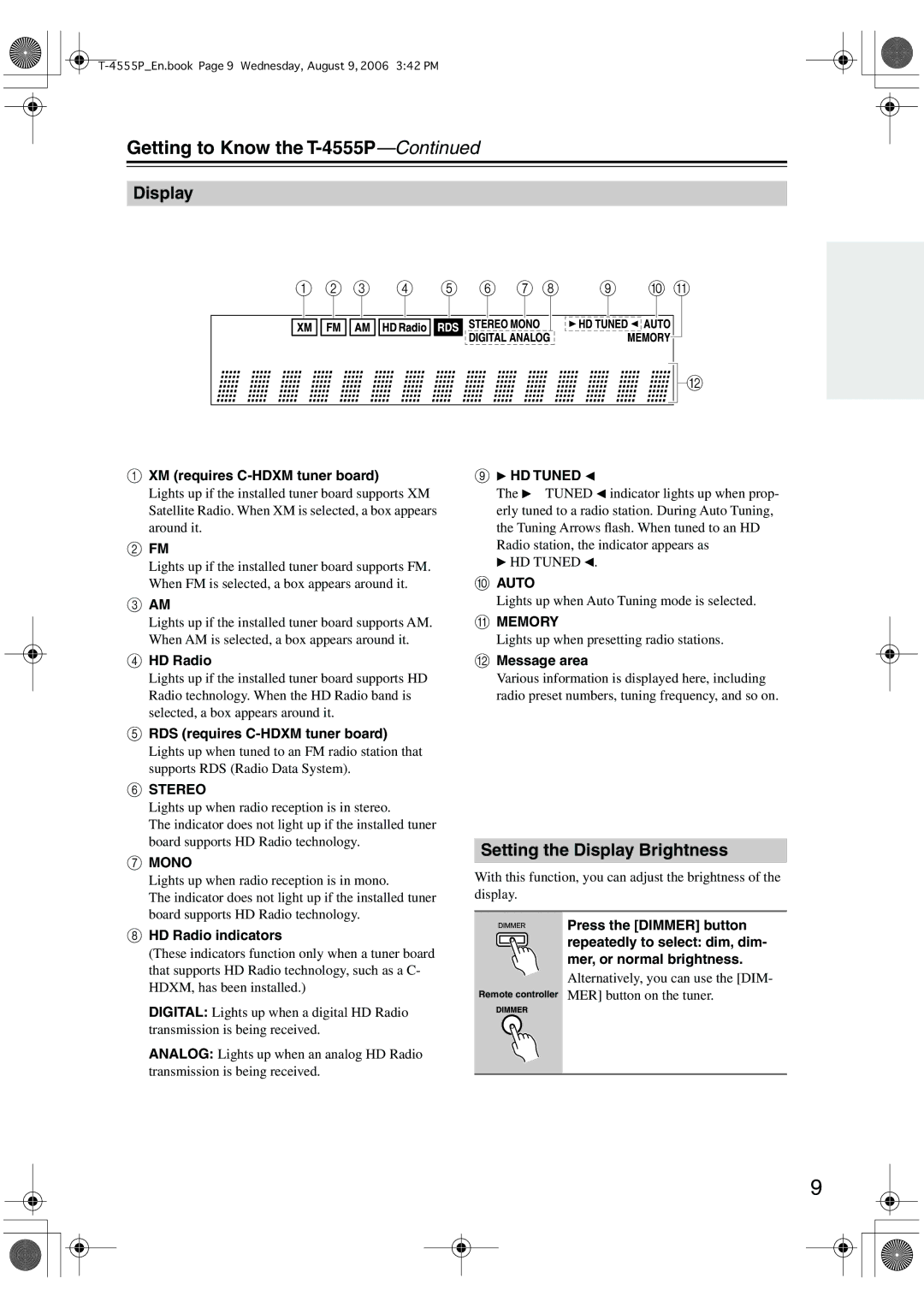 Onkyo instruction manual Getting to Know the T-4555P, Setting the Display Brightness 