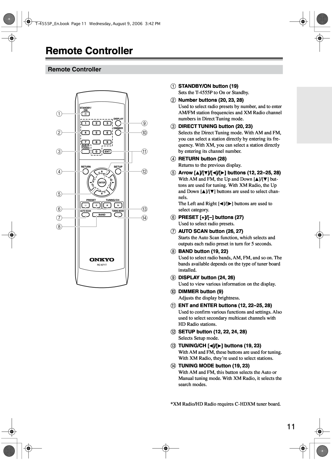 Onkyo T-4555P instruction manual Remote Controller, 1 2 3 4, J K L M N 