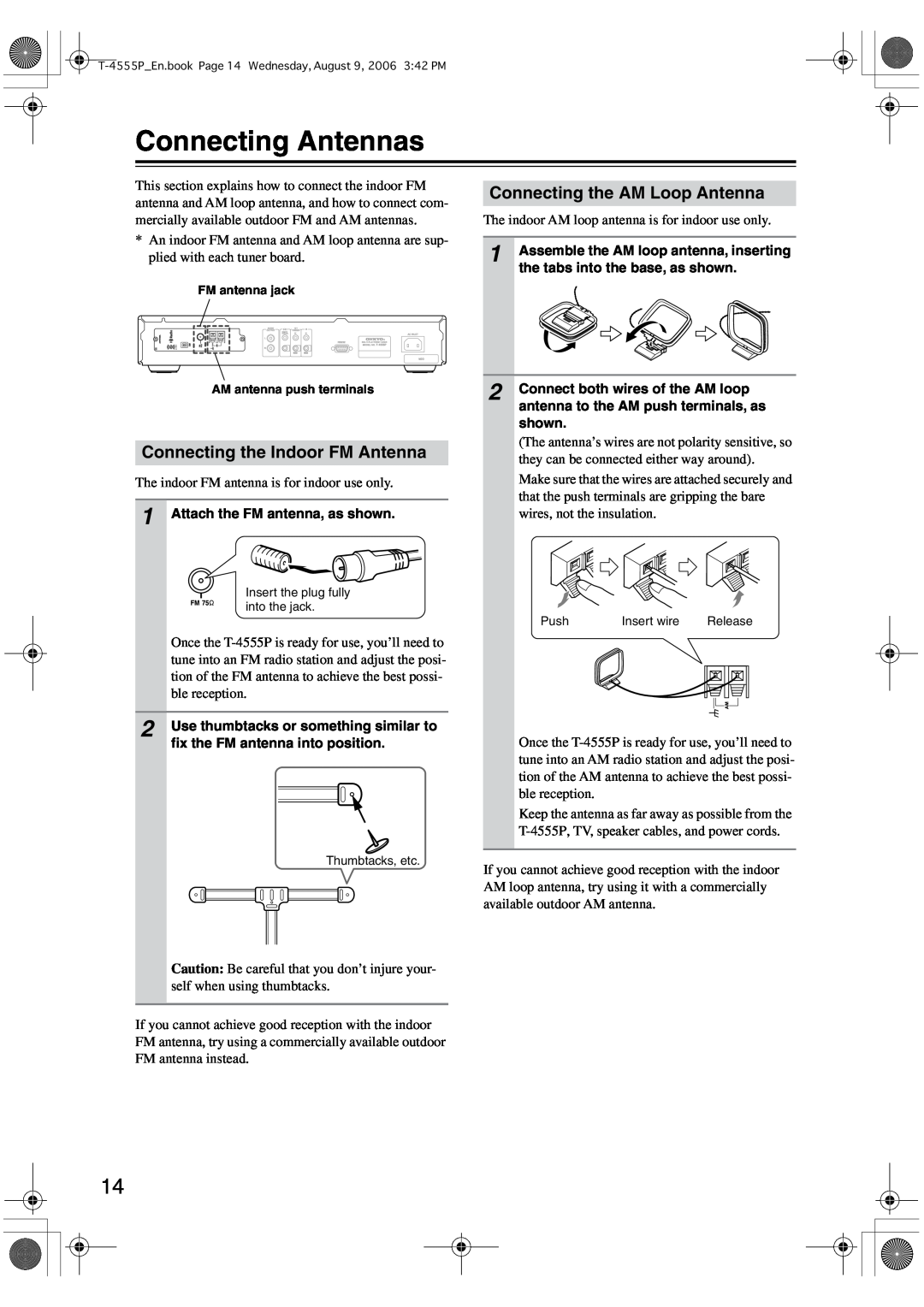 Onkyo T-4555P instruction manual Connecting Antennas, Connecting the AM Loop Antenna, Connecting the Indoor FM Antenna 