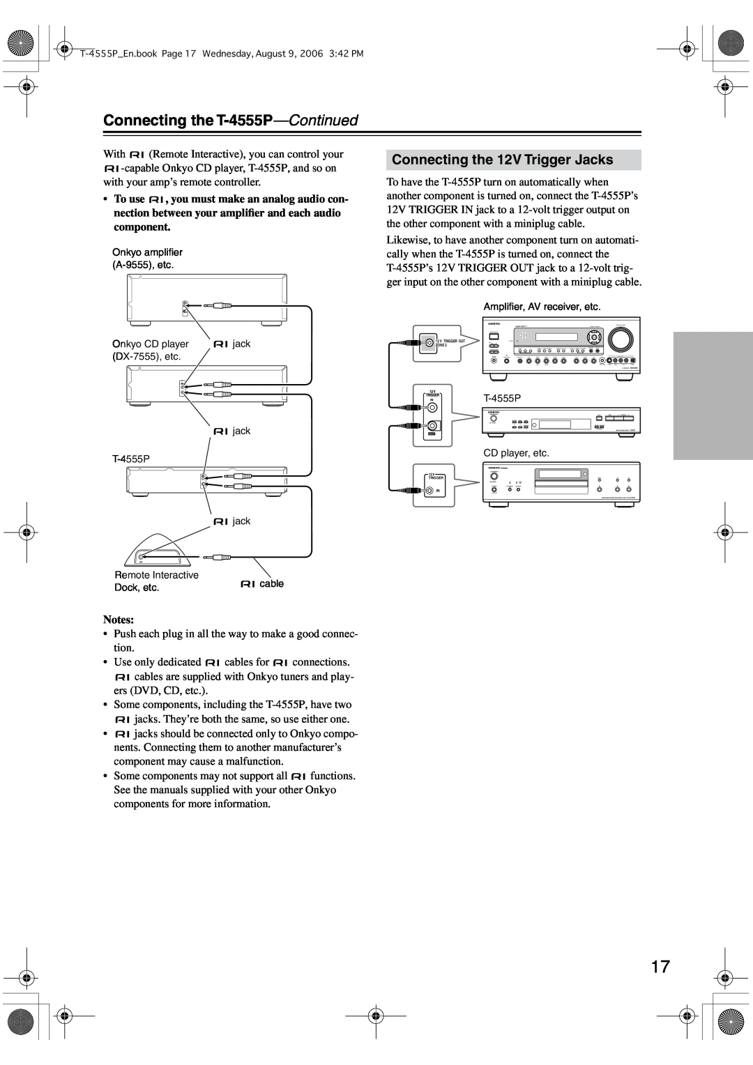 Onkyo instruction manual Connecting the T-4555P-Continued, Connecting the 12V Trigger Jacks 