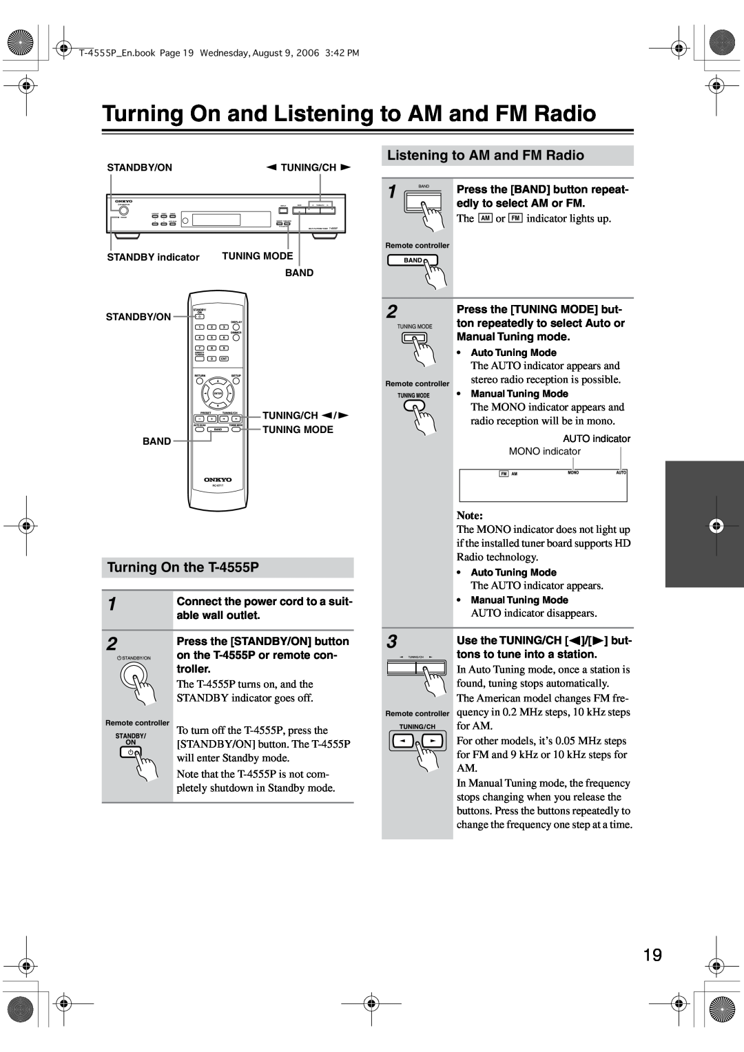 Onkyo instruction manual Turning On and Listening to AM and FM Radio, Turning On the T-4555P 