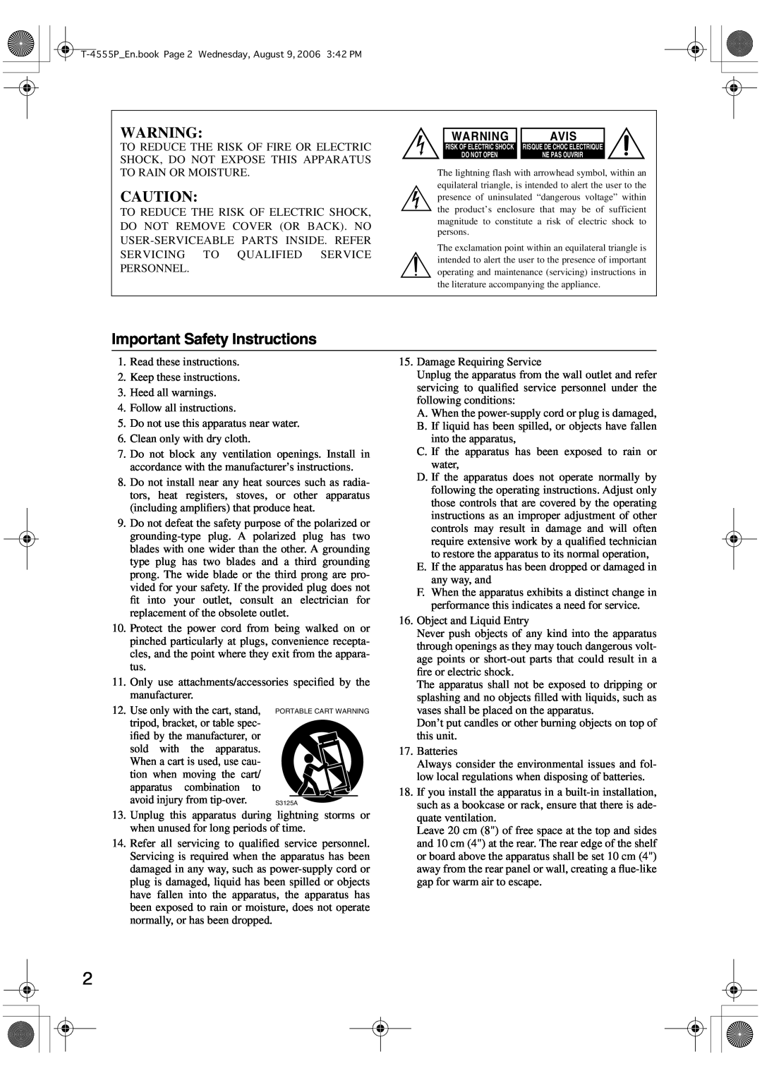 Onkyo T-4555P instruction manual Important Safety Instructions, Avis 