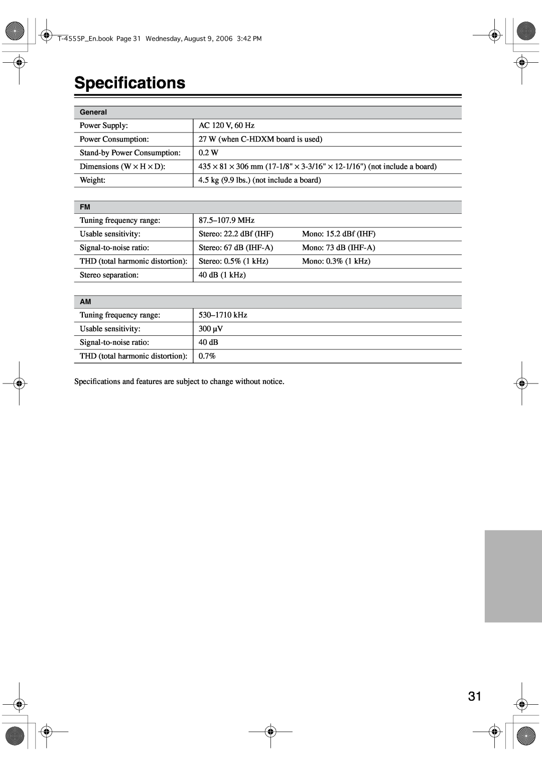 Onkyo T-4555P instruction manual Speciﬁcations 