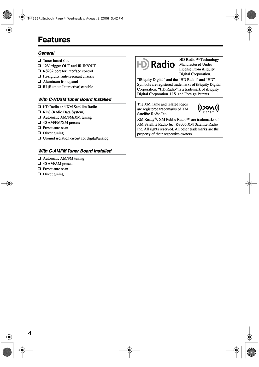 Onkyo T-4555P instruction manual Features, General, With C-HDXMTuner Board Installed, With C-AMFMTuner Board Installed 