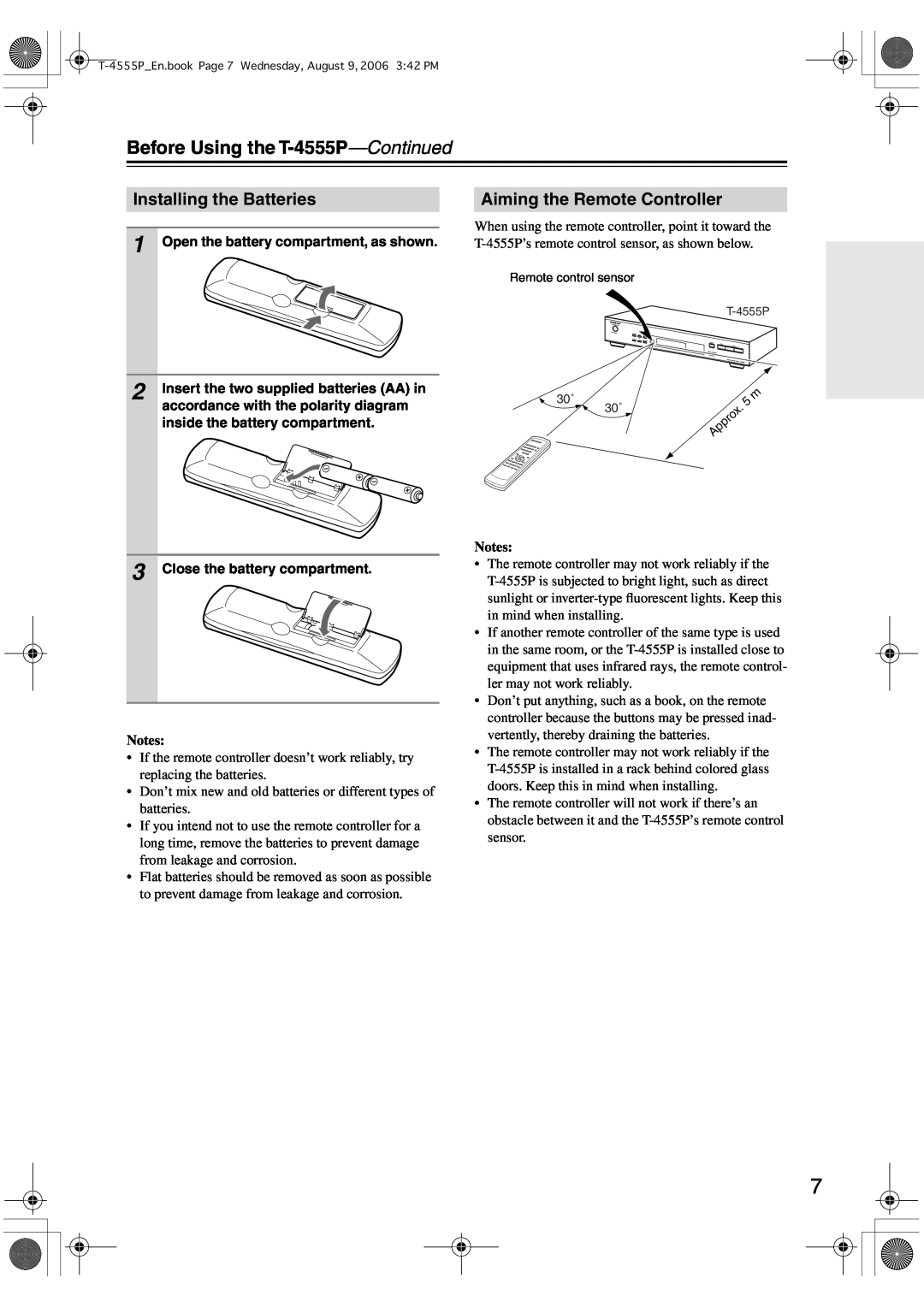 Onkyo instruction manual Before Using the T-4555P-Continued, Installing the Batteries, Aiming the Remote Controller 