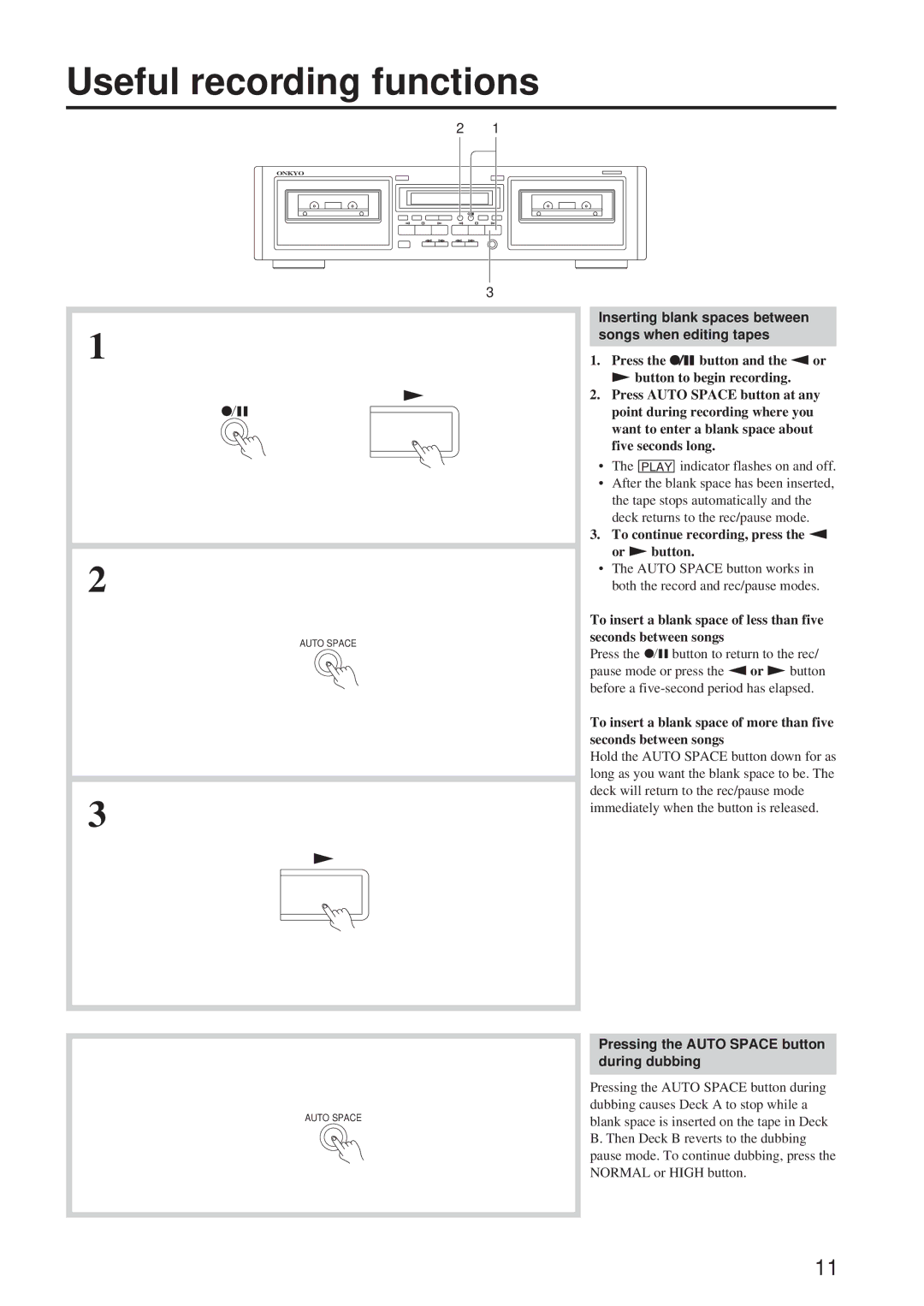 Onkyo TA-RW244/144 instruction manual Useful recording functions, Inserting blank spaces between songs when editing tapes 