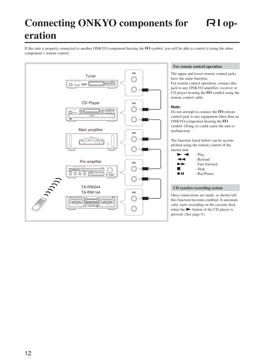 Onkyo TA-RW244/144 instruction manual Connecting Onkyo components for z op- eration, For remote control operation 