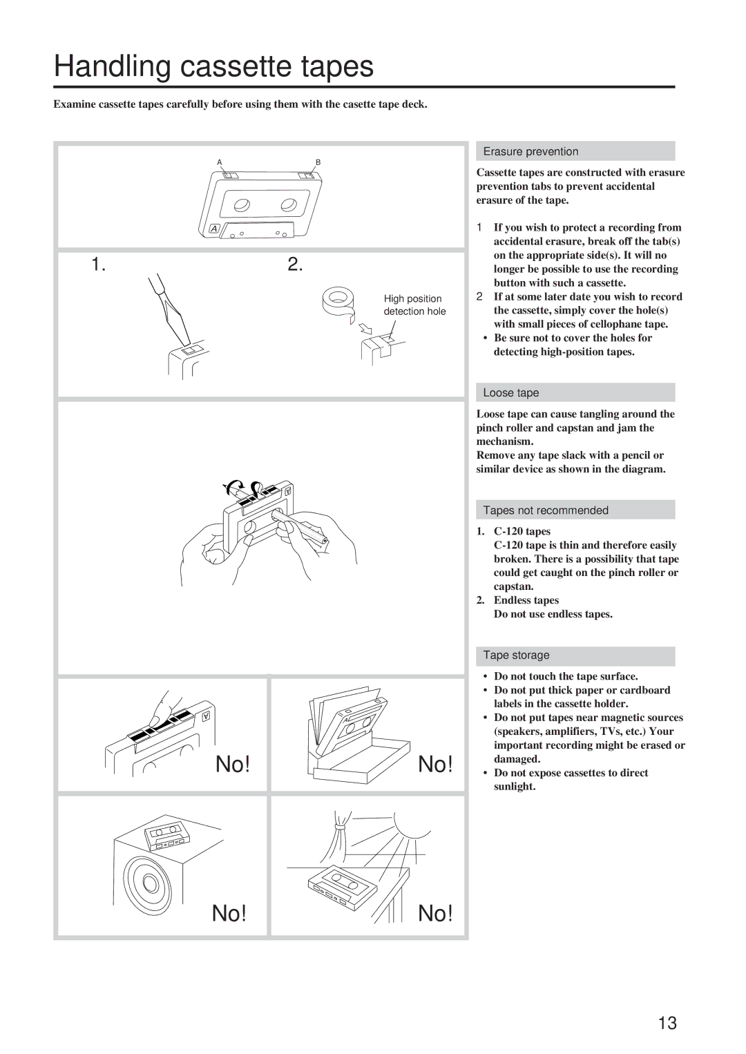 Onkyo TA-RW244/144 Handling cassette tapes, Erasure prevention, Loose tape, Tapes not recommended, Tape storage 