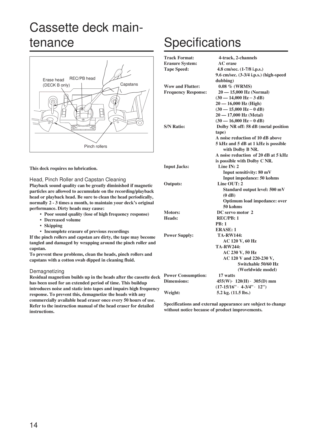 Onkyo TA-RW244/144 instruction manual Cassette deck main- tenance, Specifications 