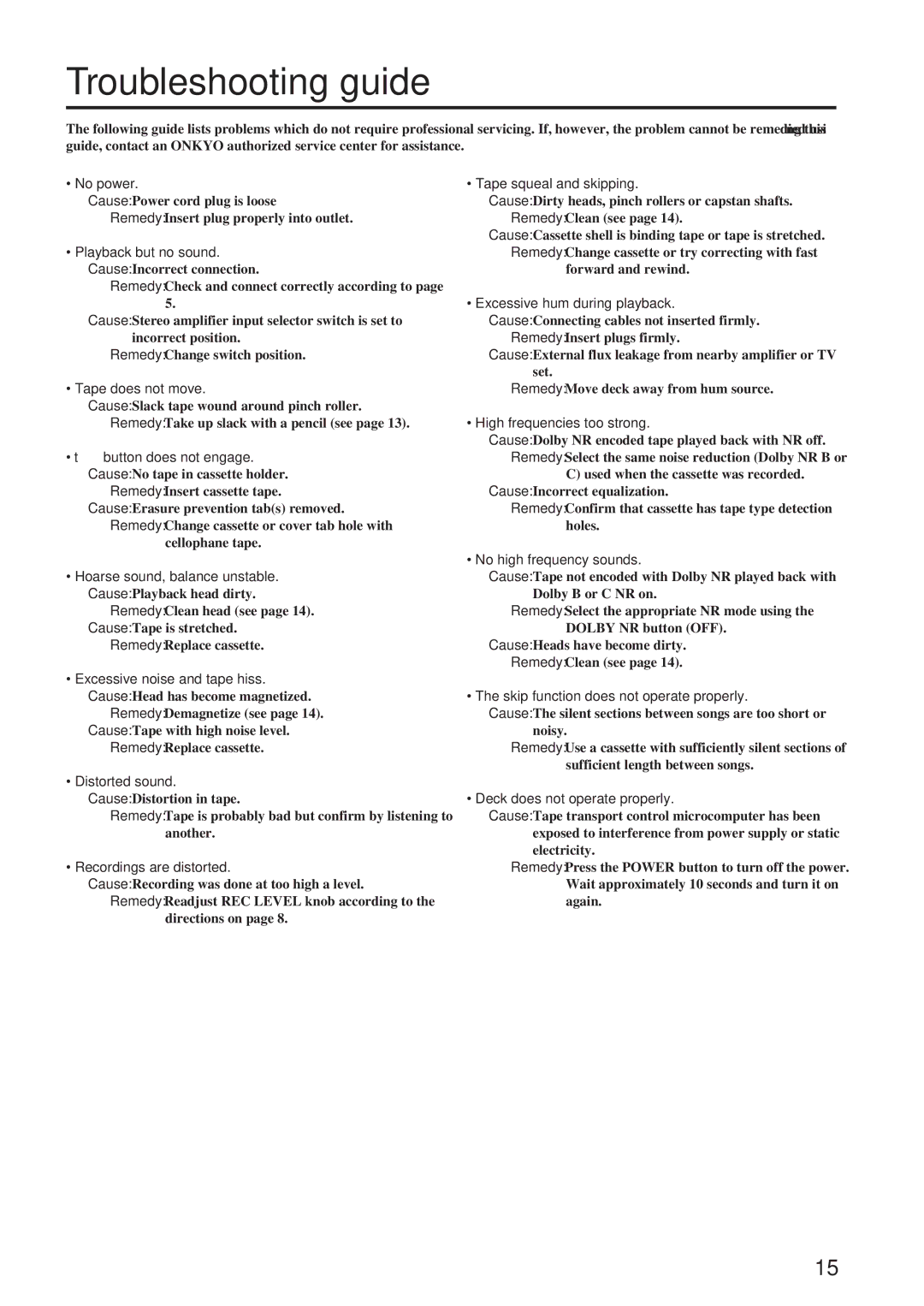 Onkyo TA-RW244/144 instruction manual Troubleshooting guide 