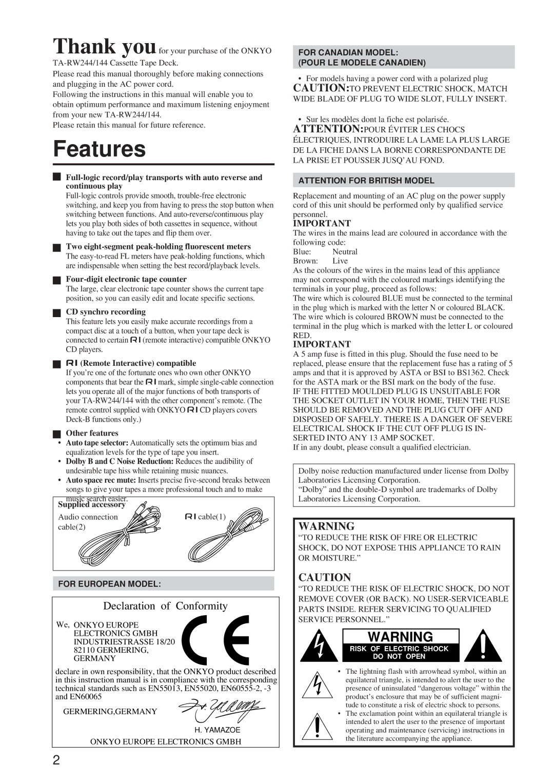 Onkyo TA-RW244/144 instruction manual Features 