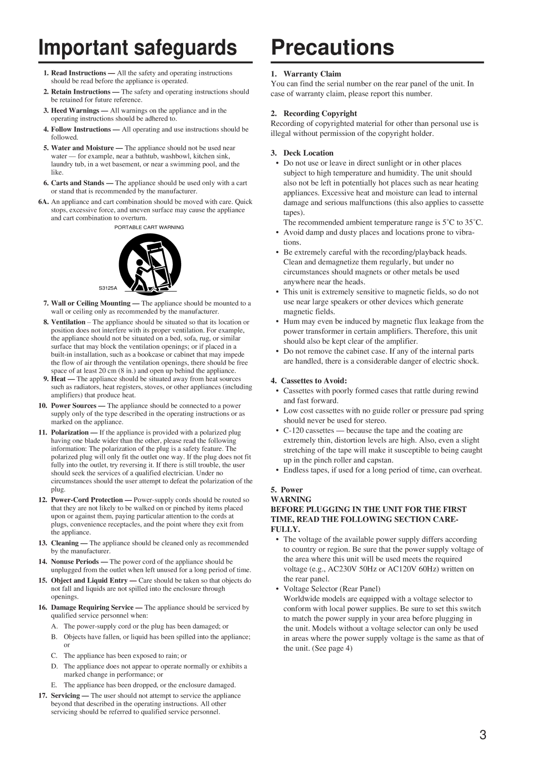 Onkyo TA-RW244/144 instruction manual Important safeguards, Precautions 