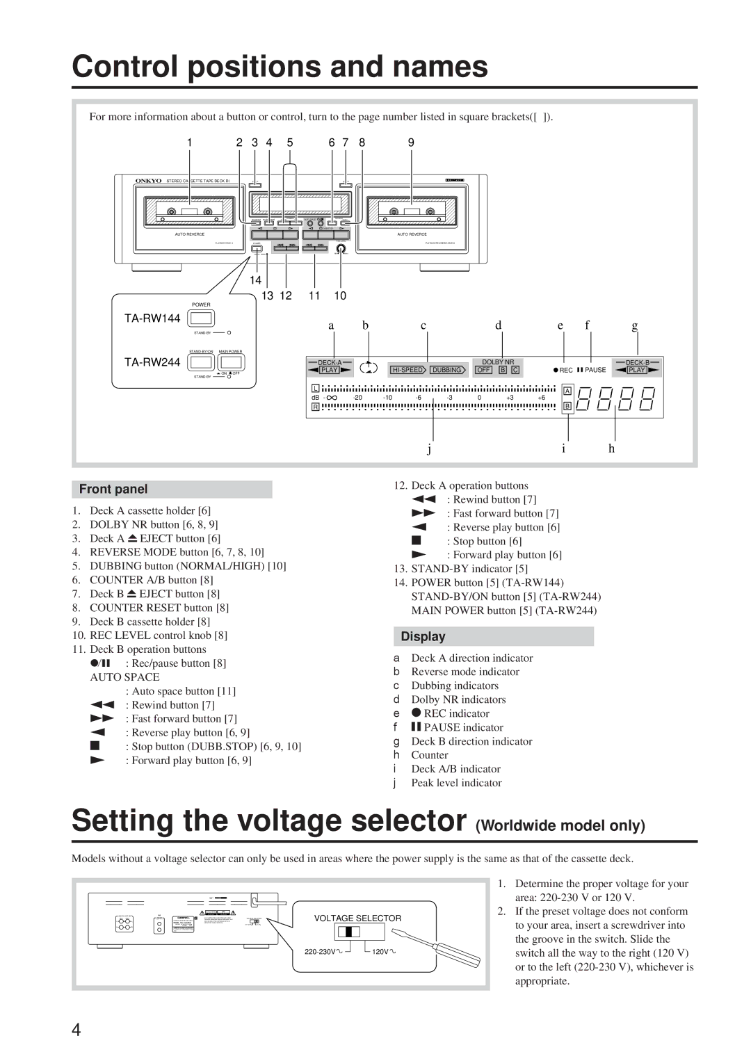 Onkyo TA-RW244/144 instruction manual Control positions and names, Setting the voltage selector Worldwide model only 