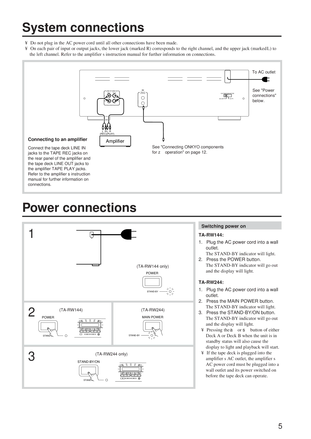 Onkyo TA-RW244/144 System connections, Power connections, Connecting to an amplifier, Switching power on TA-RW144 