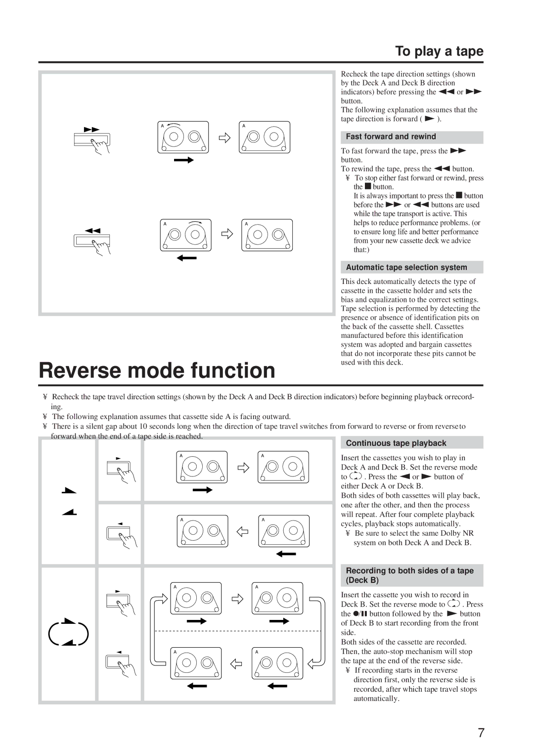 Onkyo TA-RW244/144 instruction manual Reverse mode function 