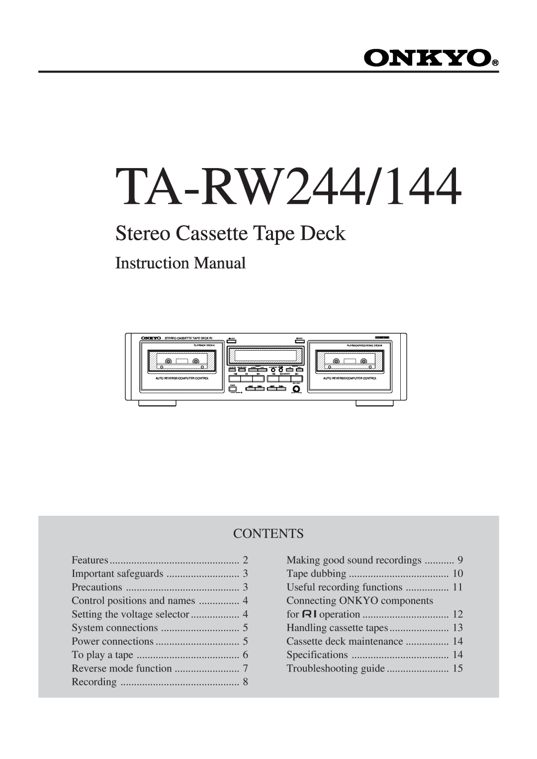 Onkyo TA-RW244/144 instruction manual Stereo Cassette Tape Deck, Contents 