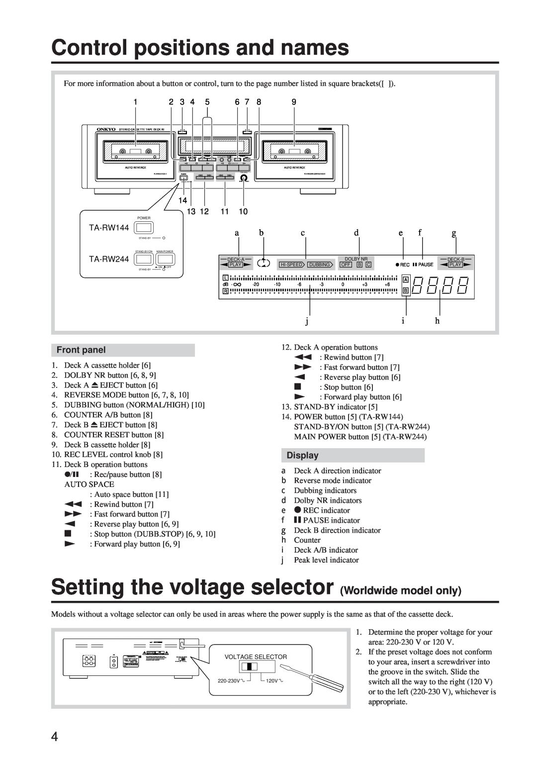 Onkyo TA-RW244/144 instruction manual Control positions and names, Setting the voltage selector Worldwide model only 