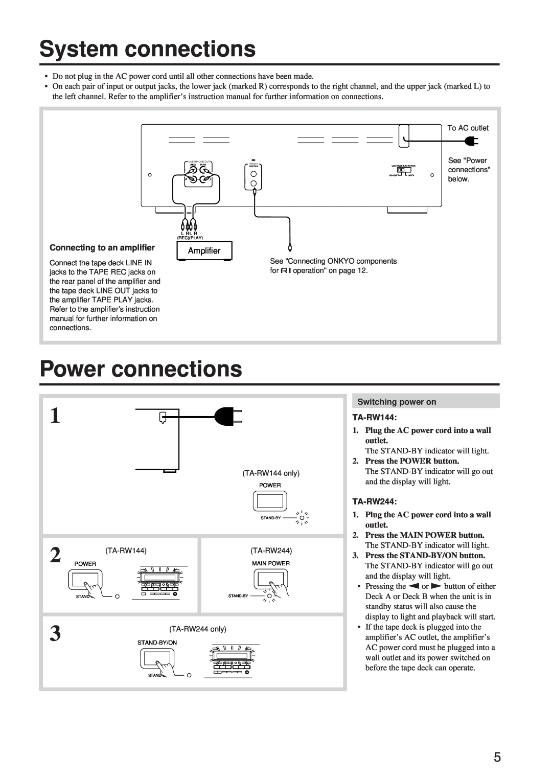 Onkyo TA-RW244/144 System connections, Power connections, Connecting to an amplifier, Switching power on TA-RW144 