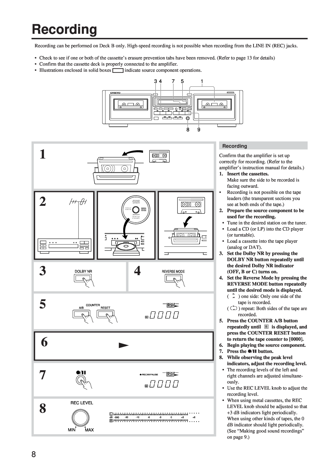 Onkyo TA-RW244/144 instruction manual Recording 