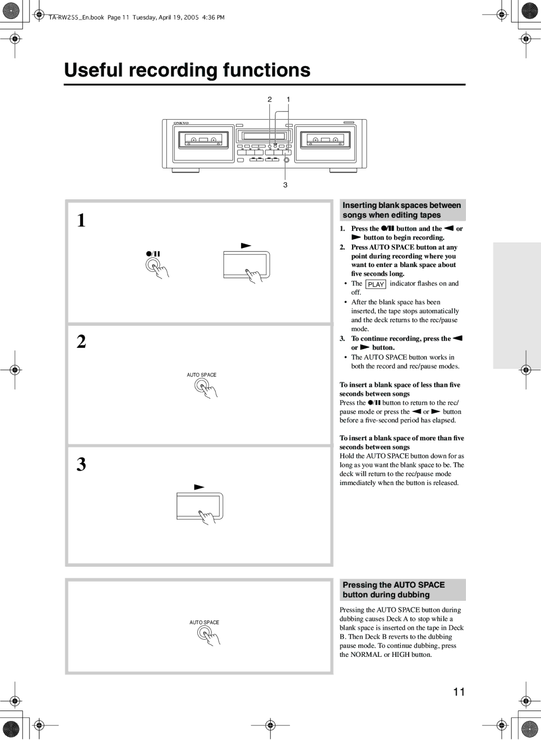 Onkyo TA-RW255 appendix Useful recording functions, Inserting blank spaces between songs when editing tapes 