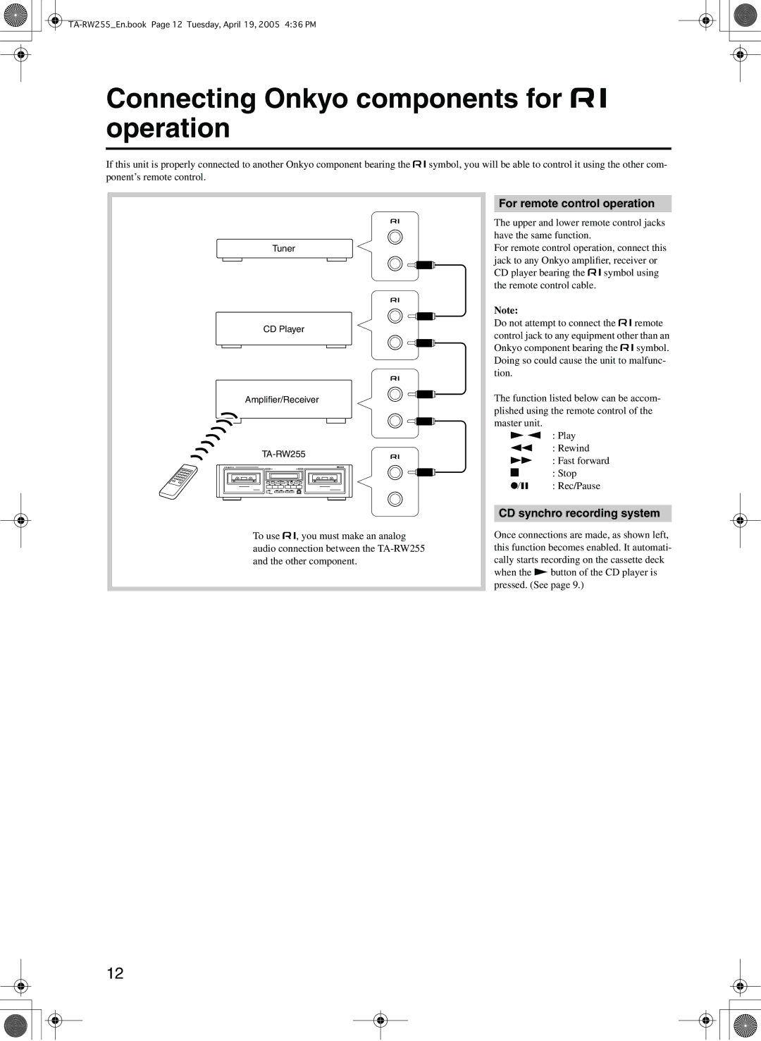 Onkyo TA-RW255 Connecting Onkyo components for z operation, For remote control operation, CD synchro recording system 