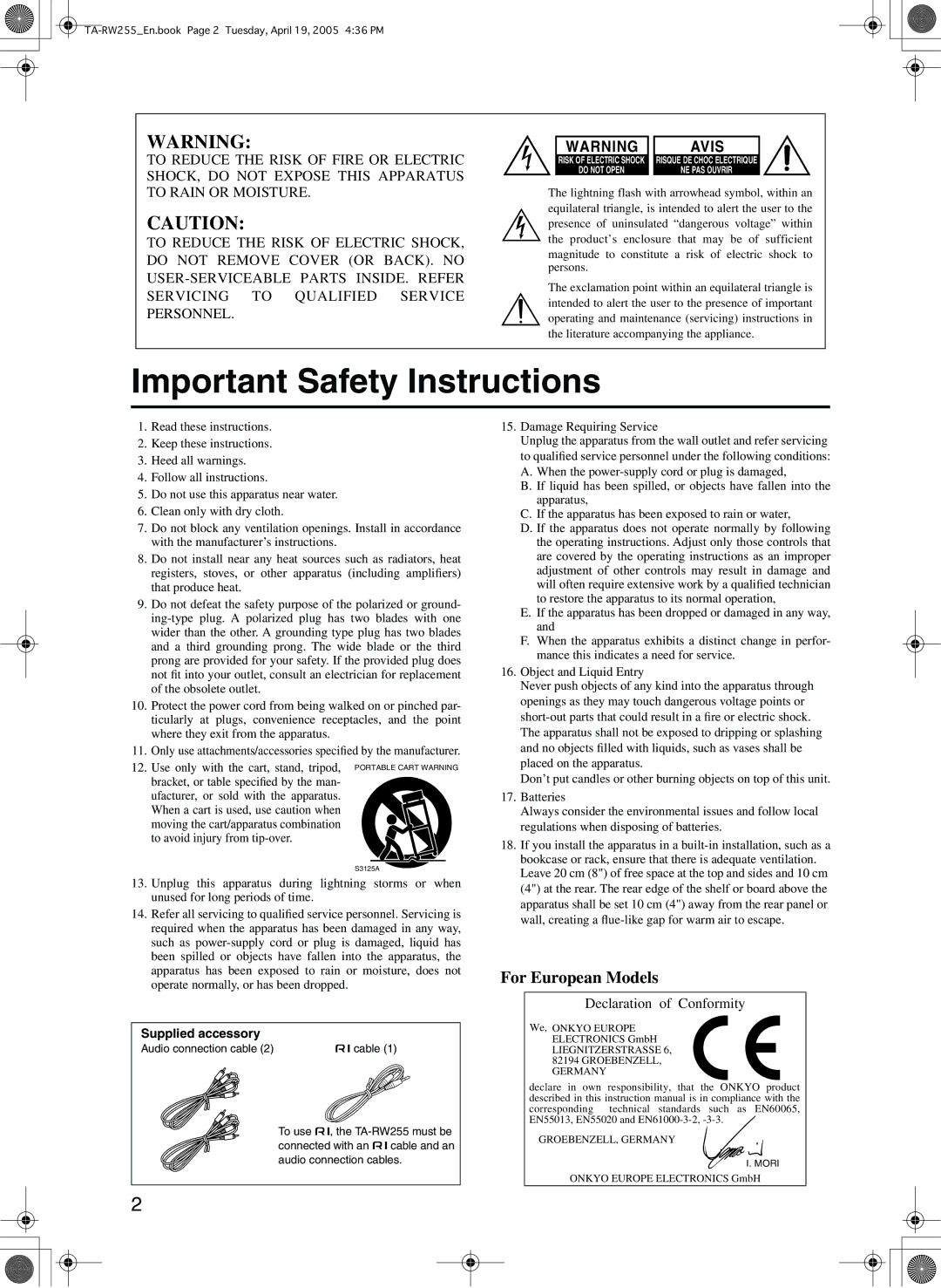 Onkyo TA-RW255 appendix Important Safety Instructions, Avis 