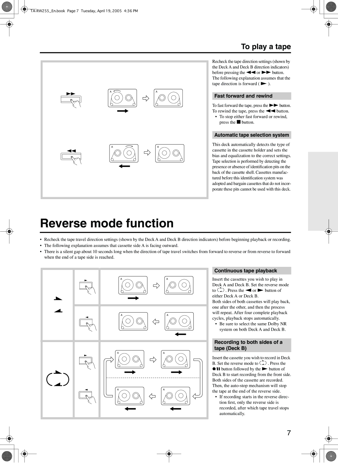 Onkyo TA-RW255 Reverse mode function, Fast forward and rewind, Automatic tape selection system, Continuous tape playback 