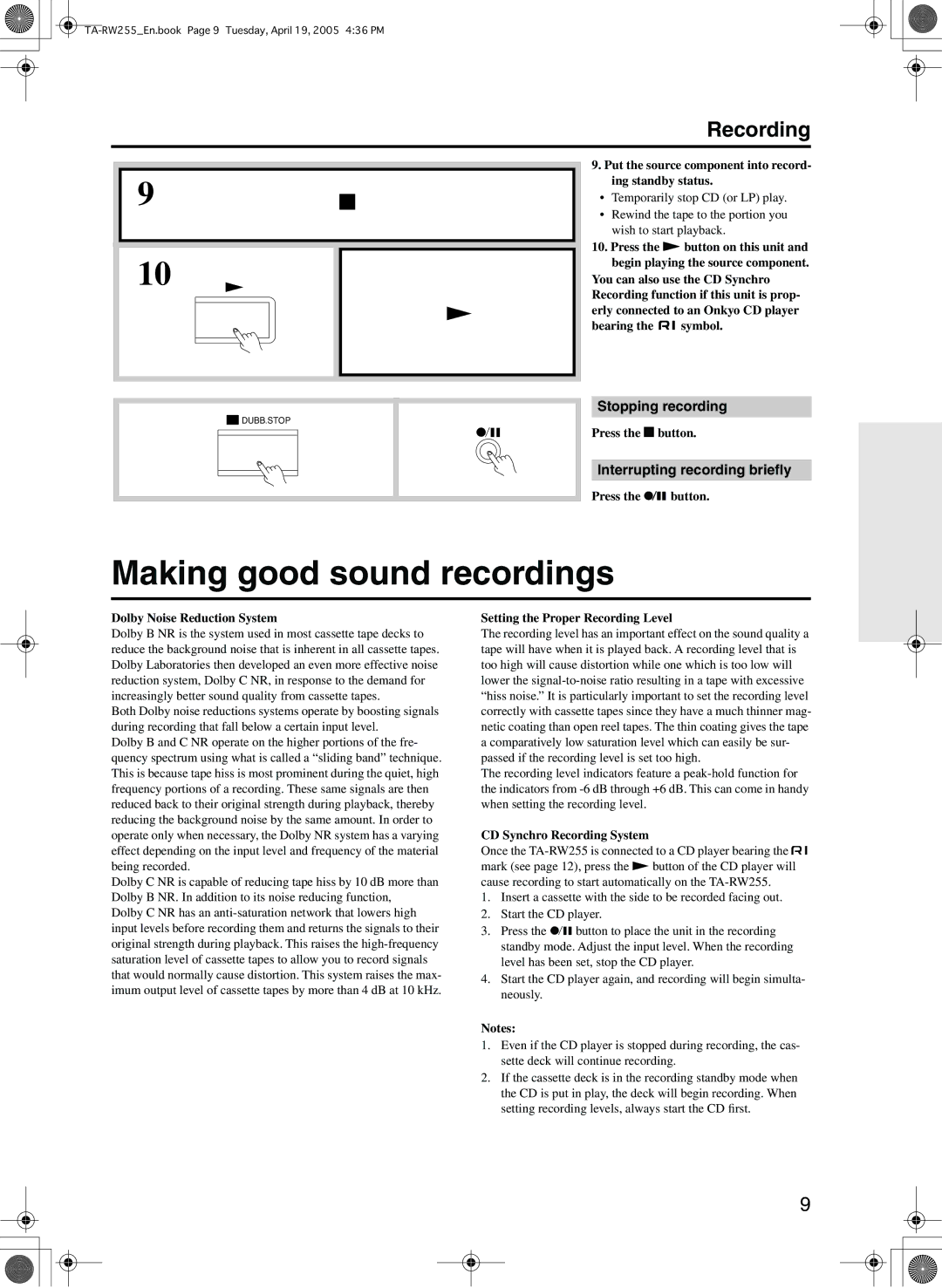 Onkyo TA-RW255 appendix Making good sound recordings, Stopping recording, Interrupting recording brieﬂy 