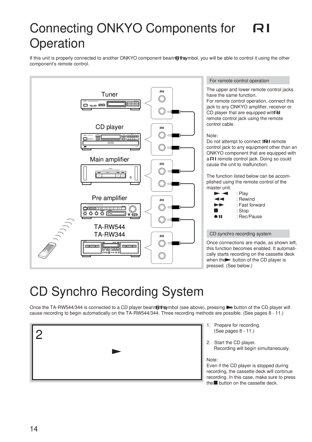 Onkyo TA-RW544 Connecting Onkyo Components for z Operation, CD Synchro Recording System, For remote control operation 