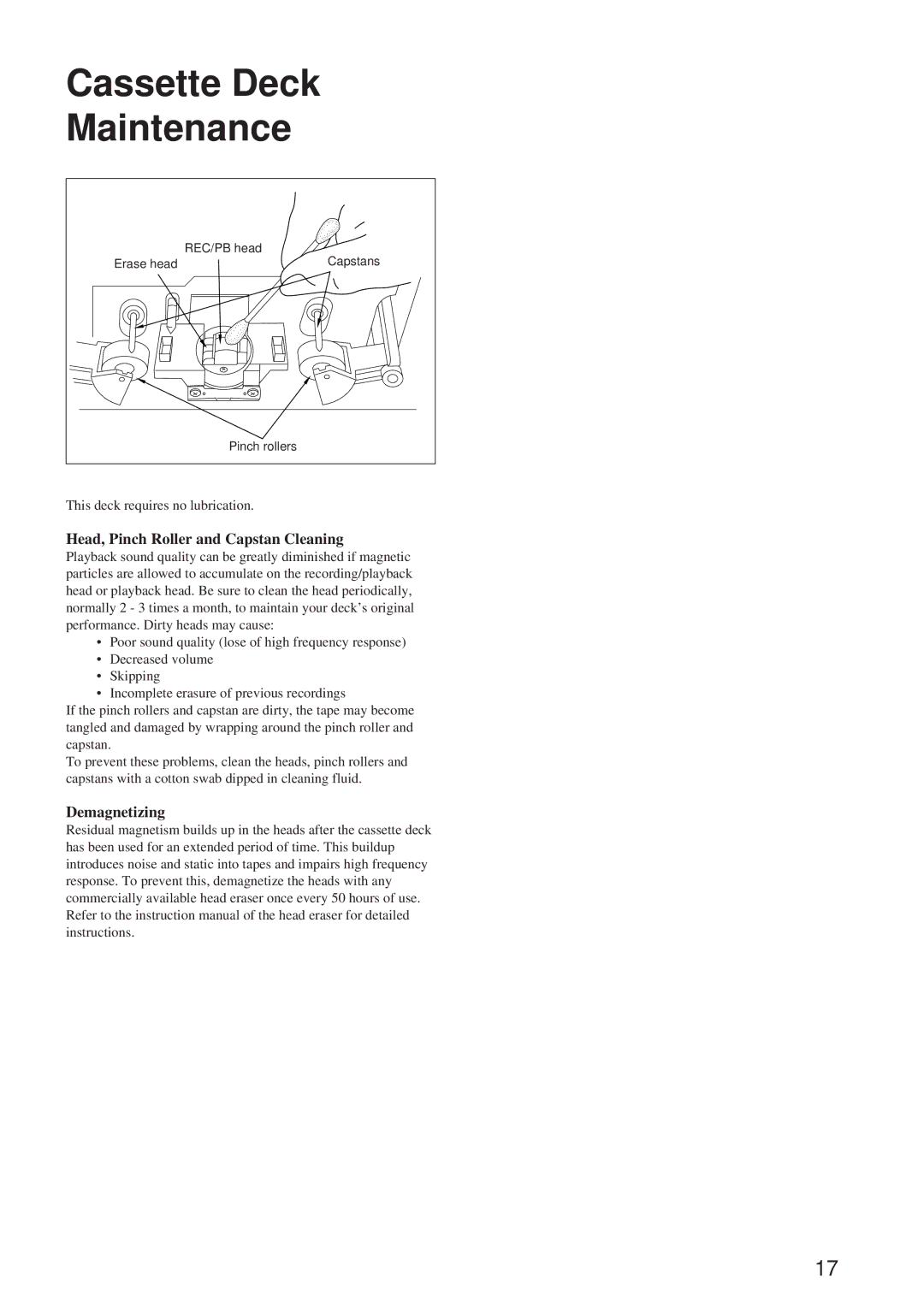 Onkyo TA-RW344, TA-RW544 instruction manual Cassette Deck Maintenance, Head, Pinch Roller and Capstan Cleaning 