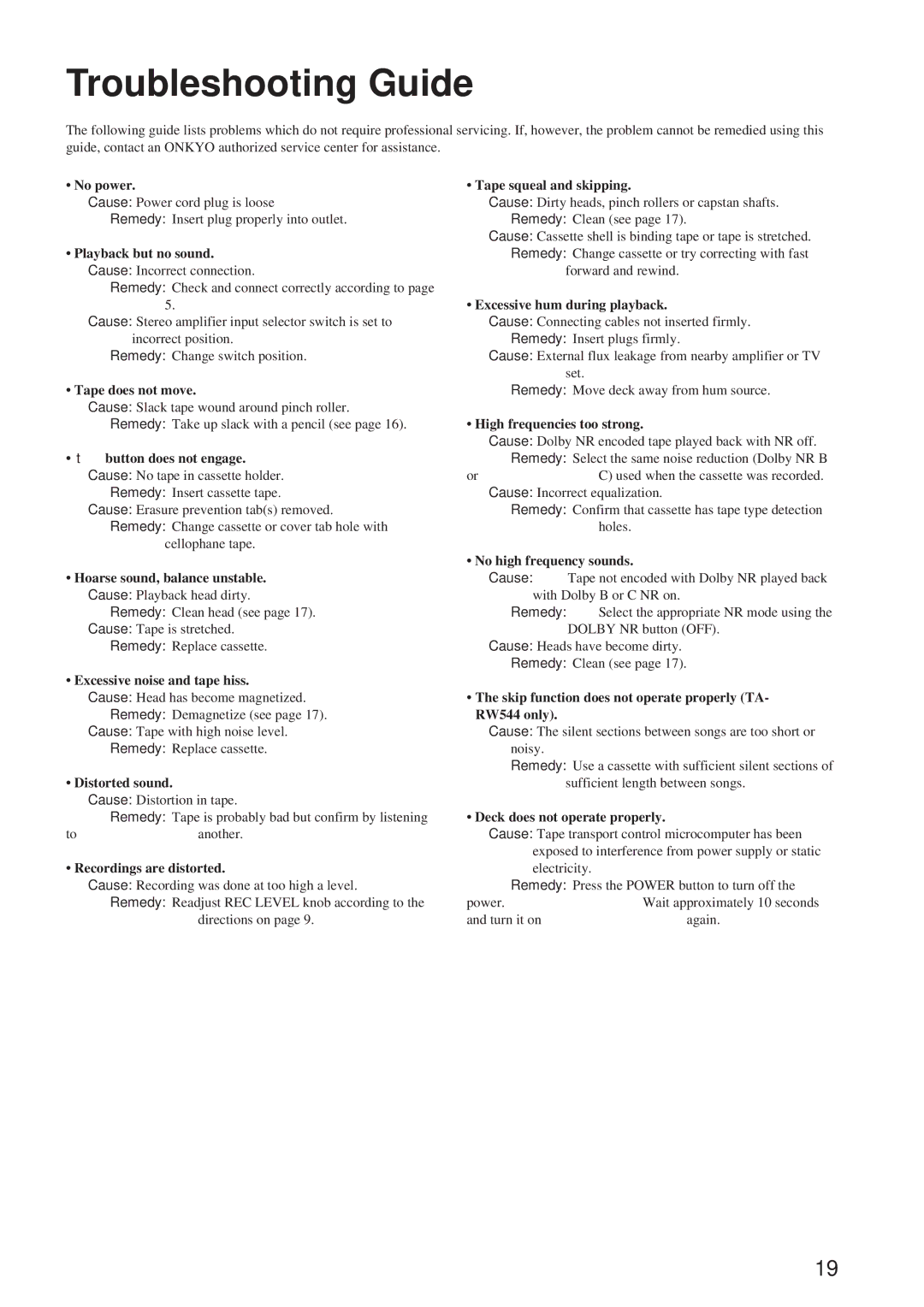 Onkyo TA-RW344, TA-RW544 instruction manual Troubleshooting Guide 