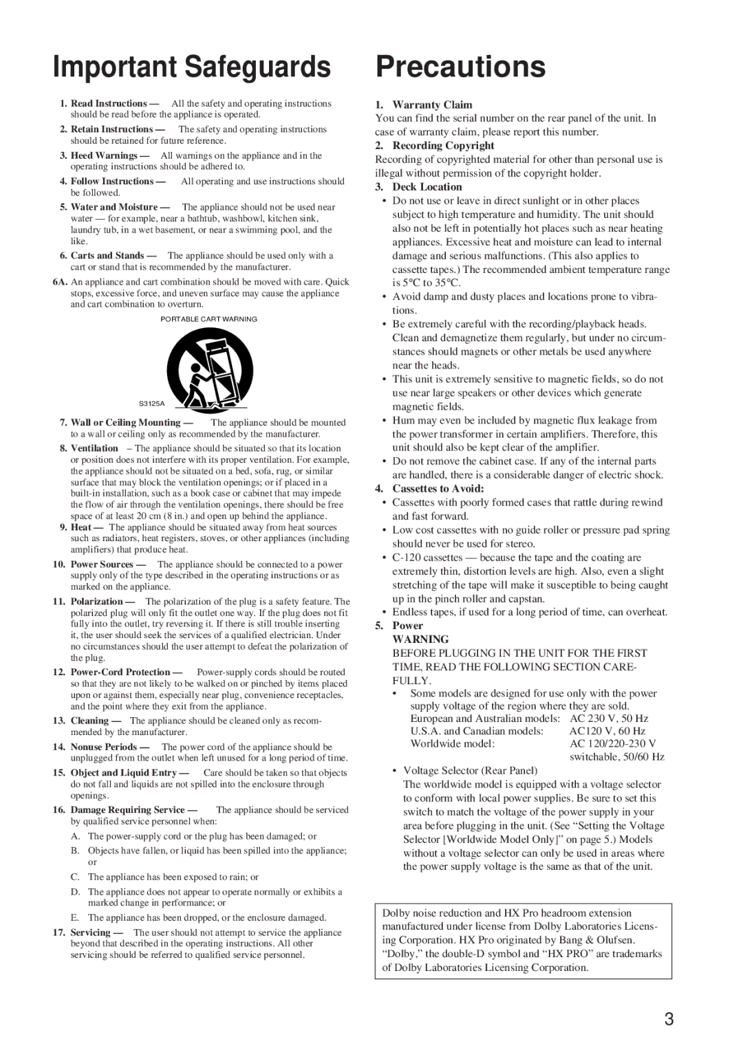 Onkyo TA-RW344, TA-RW544 instruction manual Important Safeguards, Precautions 