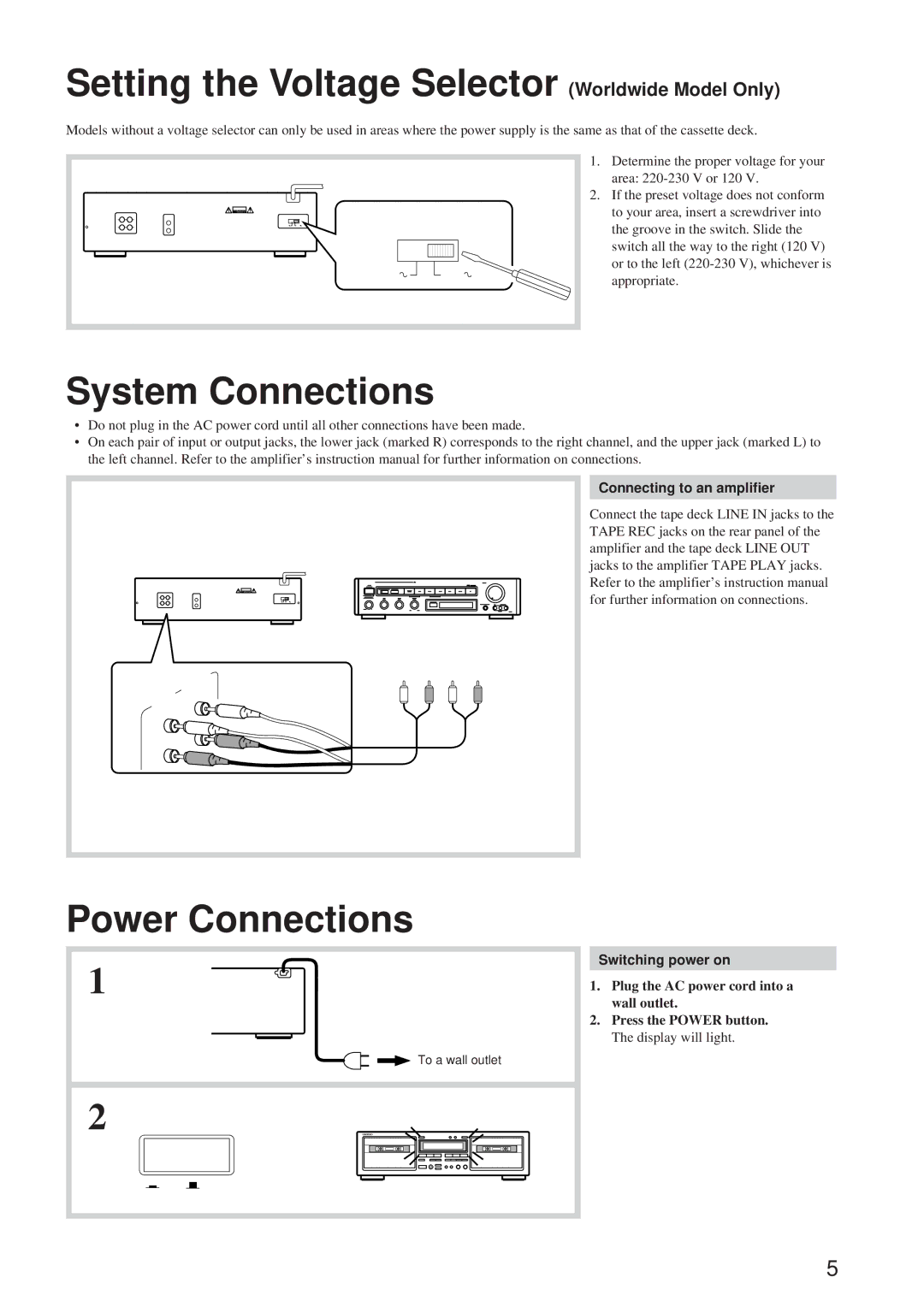 Onkyo TA-RW344, TA-RW544 Setting the Voltage Selector Worldwide Model Only, System Connections, Power Connections 