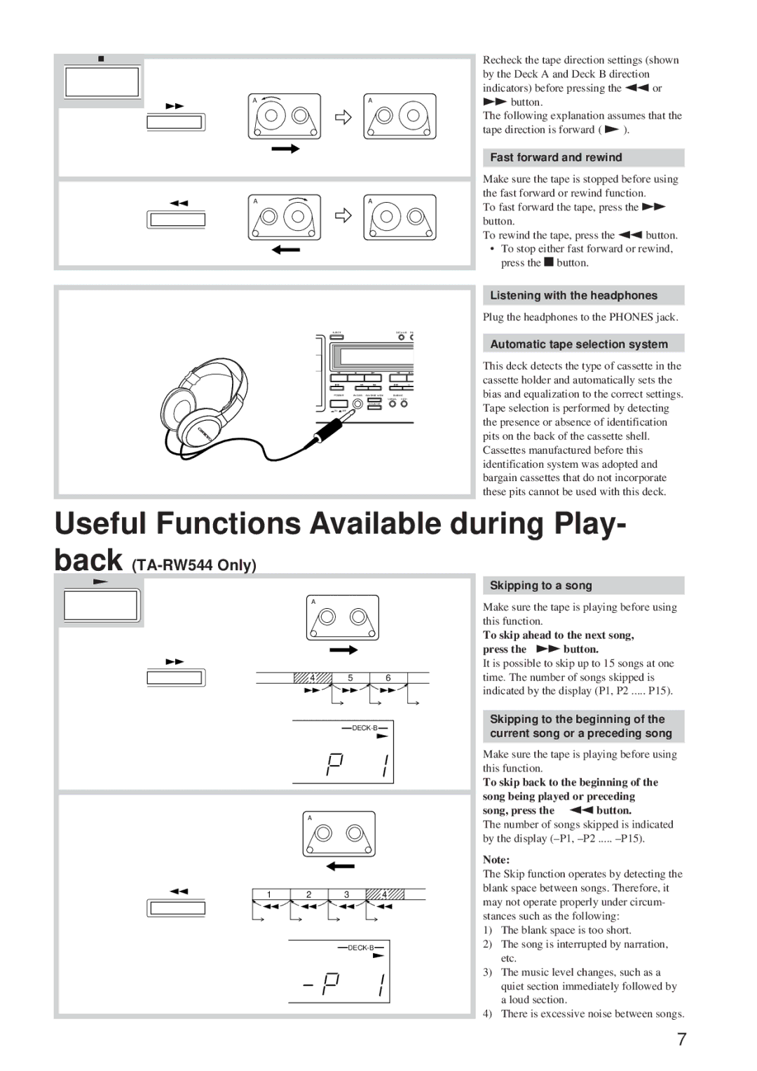 Onkyo TA-RW344 Useful Functions Available during Play- back, Fast forward and rewind, Listening with the headphones 