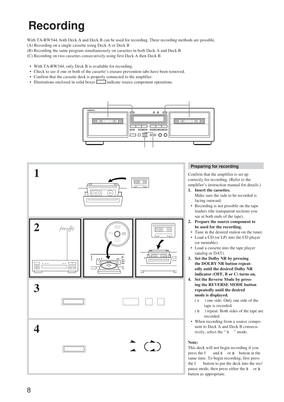 Onkyo TA-RW544, TA-RW344 instruction manual Recording, Preparing for recording 