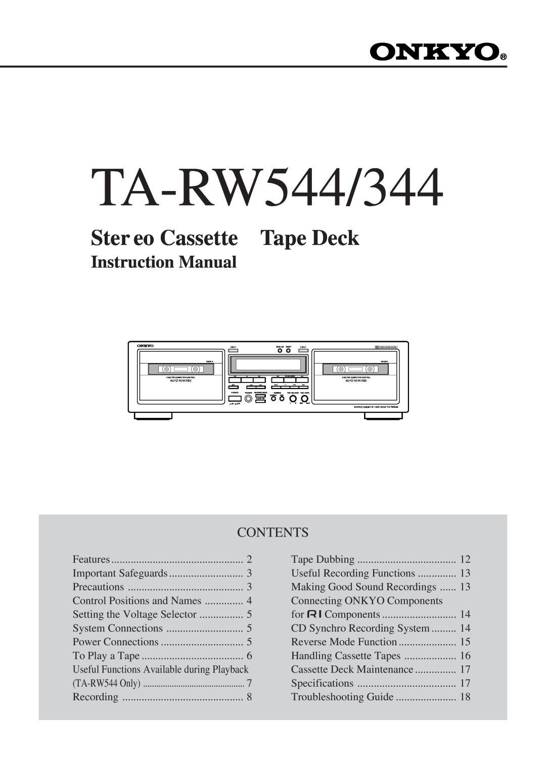 Onkyo TA-RW344 instruction manual Ster eo Cassette Tape Deck, TA-RW544/344, Contents 