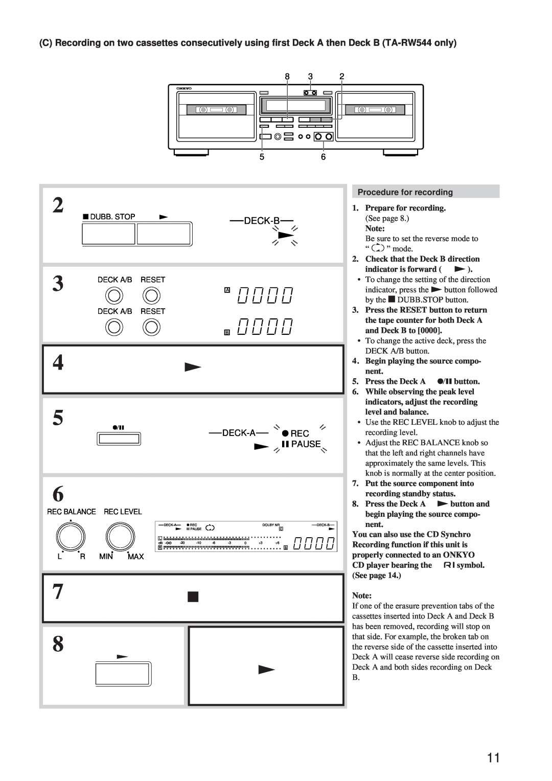 Onkyo TA-RW344, TA-RW544 instruction manual Deck-B, Deck-A, Pause, Procedure for recording 