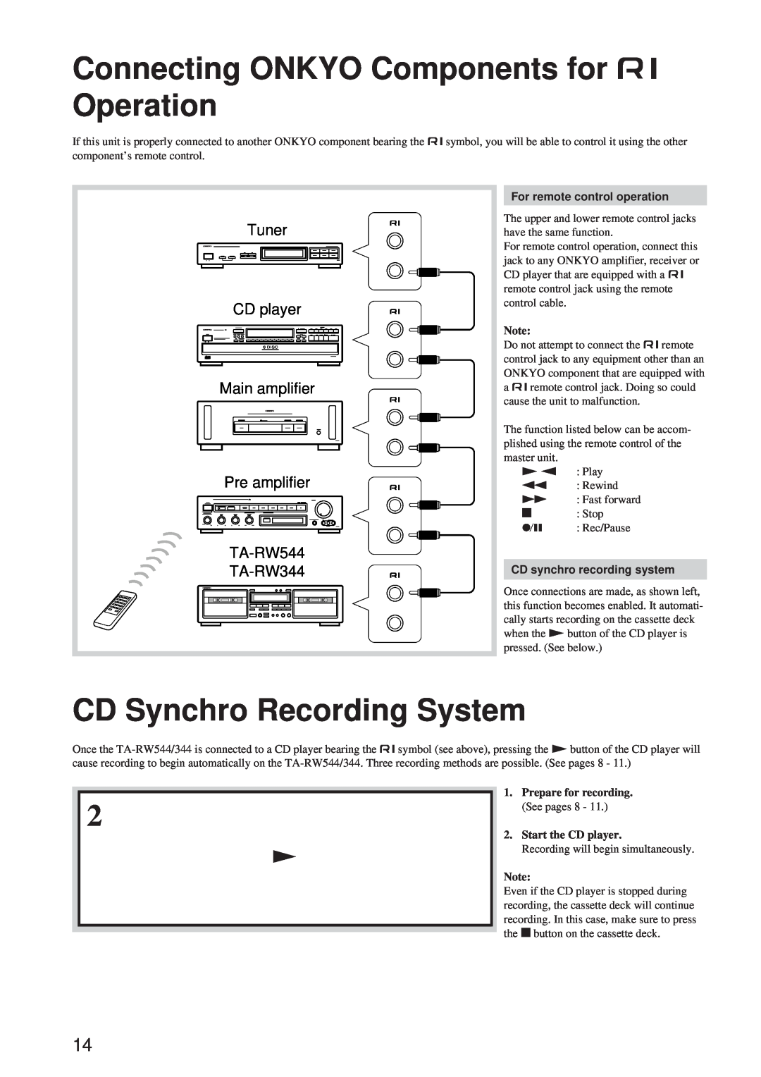 Onkyo TA-RW544, TA-RW344 Connecting ONKYO Components for z Operation, CD Synchro Recording System, Tuner CD player 