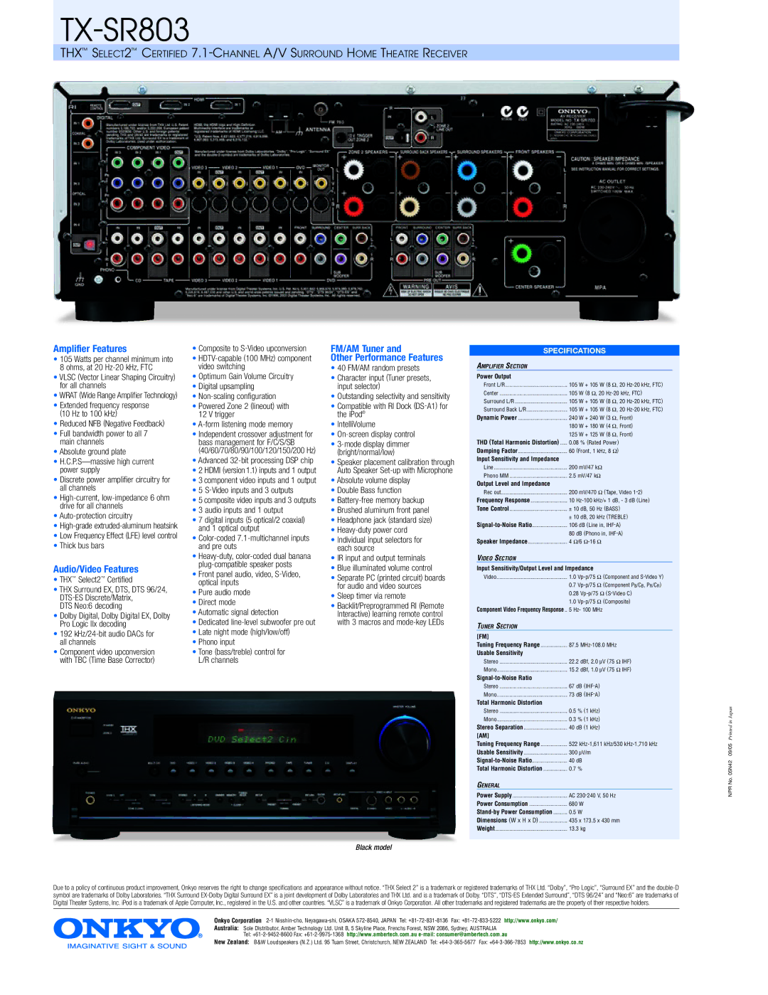 Onkyo TX - SR803gn manual Amplifier Features, Audio/Video Features, FM/AM Tuner 