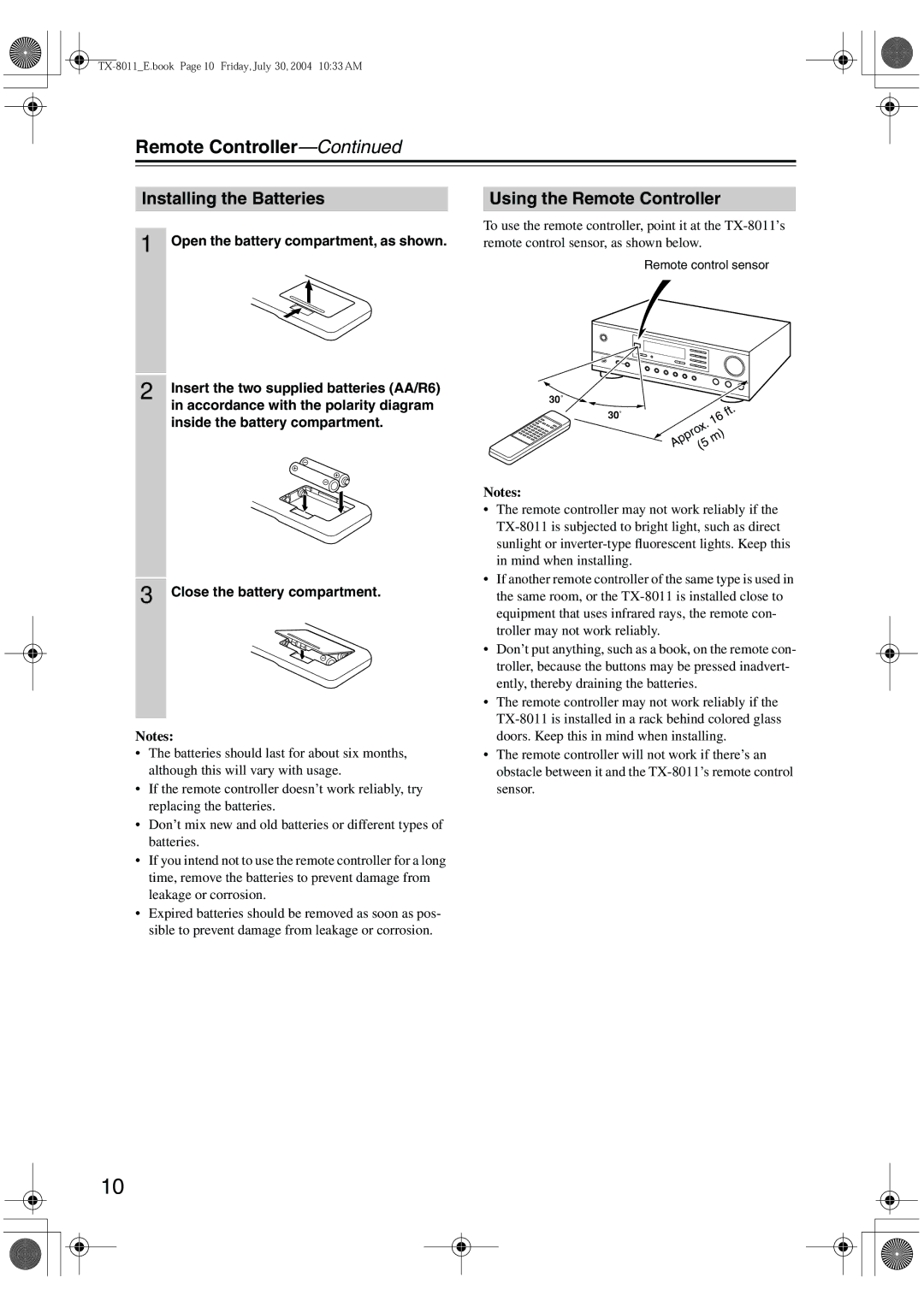 Onkyo TX-8011 instruction manual Installing the Batteries, Using the Remote Controller 