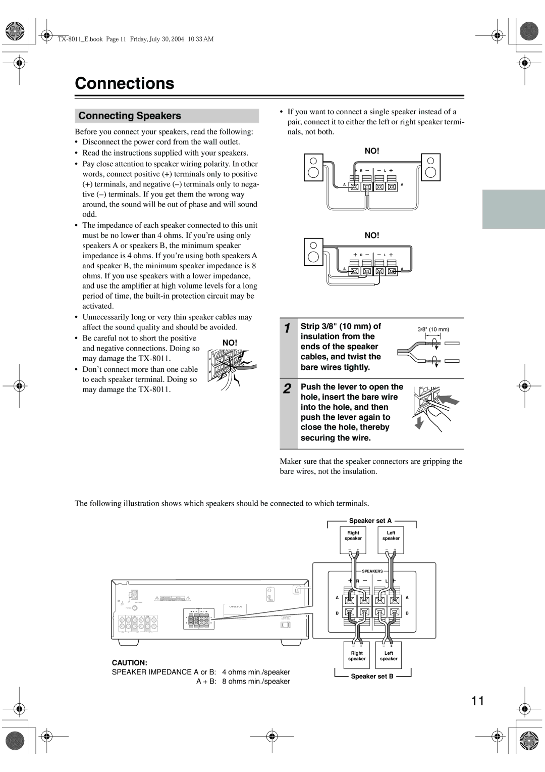 Onkyo TX-8011 Connections, Connecting Speakers, Strip 3/8 10 mm, Speaker Impedance a or B 4 ohms min./speaker 