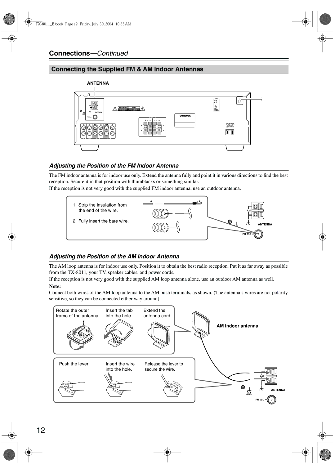 Onkyo TX-8011 instruction manual Connections, Connecting the Supplied FM & AM Indoor Antennas, AM indoor antenna 