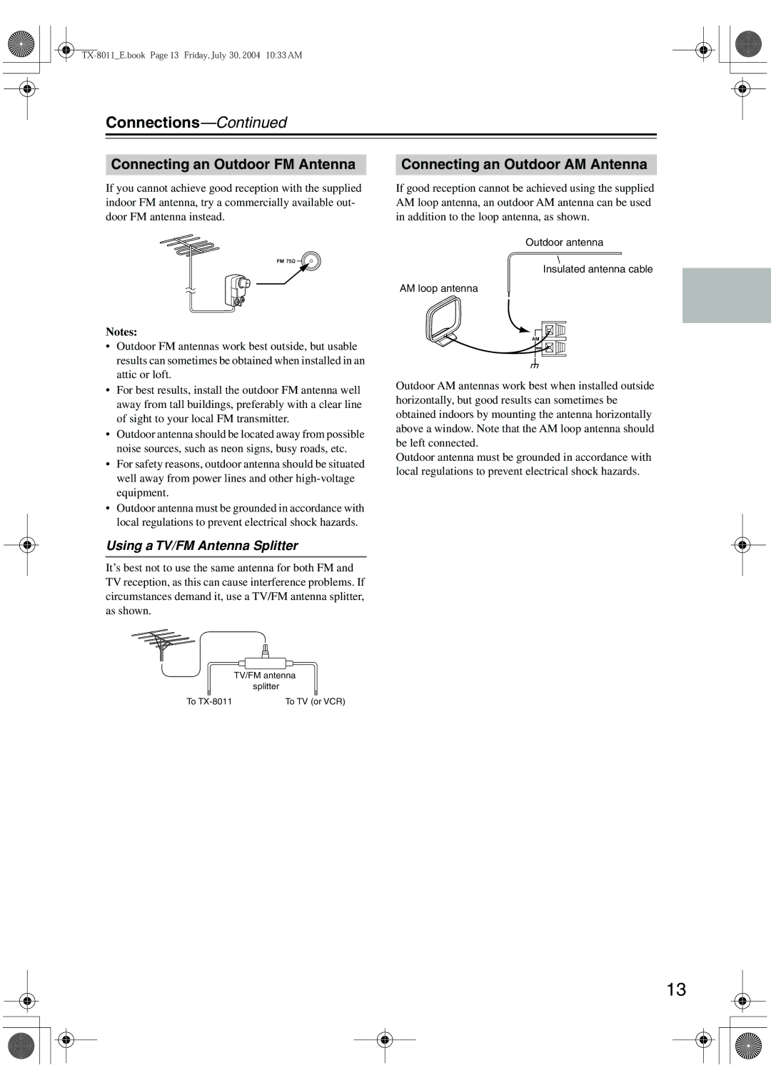 Onkyo TX-8011 instruction manual Using a TV/FM Antenna Splitter 