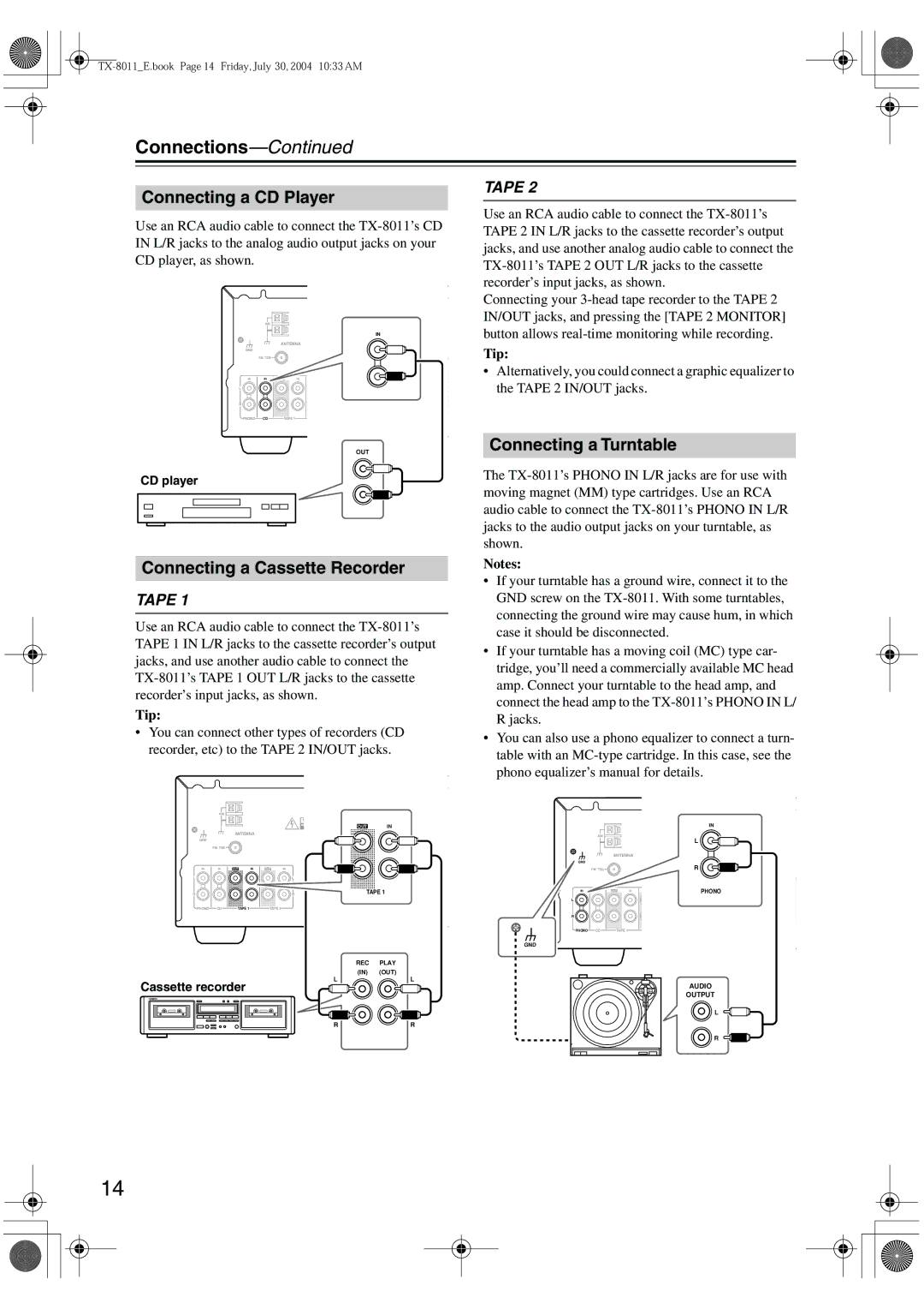 Onkyo TX-8011 instruction manual Connecting a CD Player, Connecting a Cassette Recorder, Connecting a Turntable, Tip 