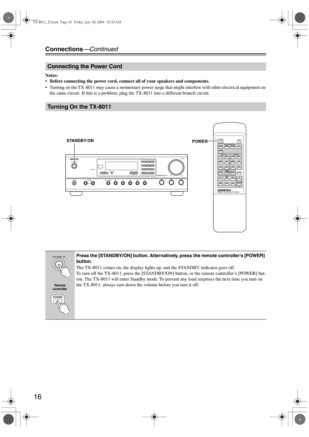 Onkyo instruction manual Connecting the Power Cord, Turning On the TX-8011 