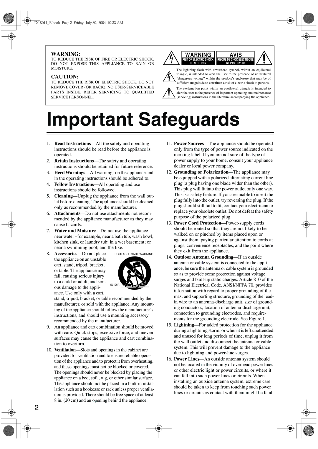 Onkyo TX-8011 instruction manual Important Safeguards 