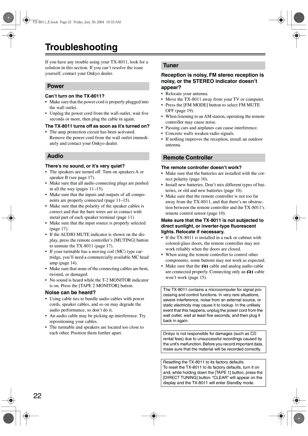 Onkyo TX-8011 instruction manual Troubleshooting, Power, Tuner, Audio, Remote Controller 