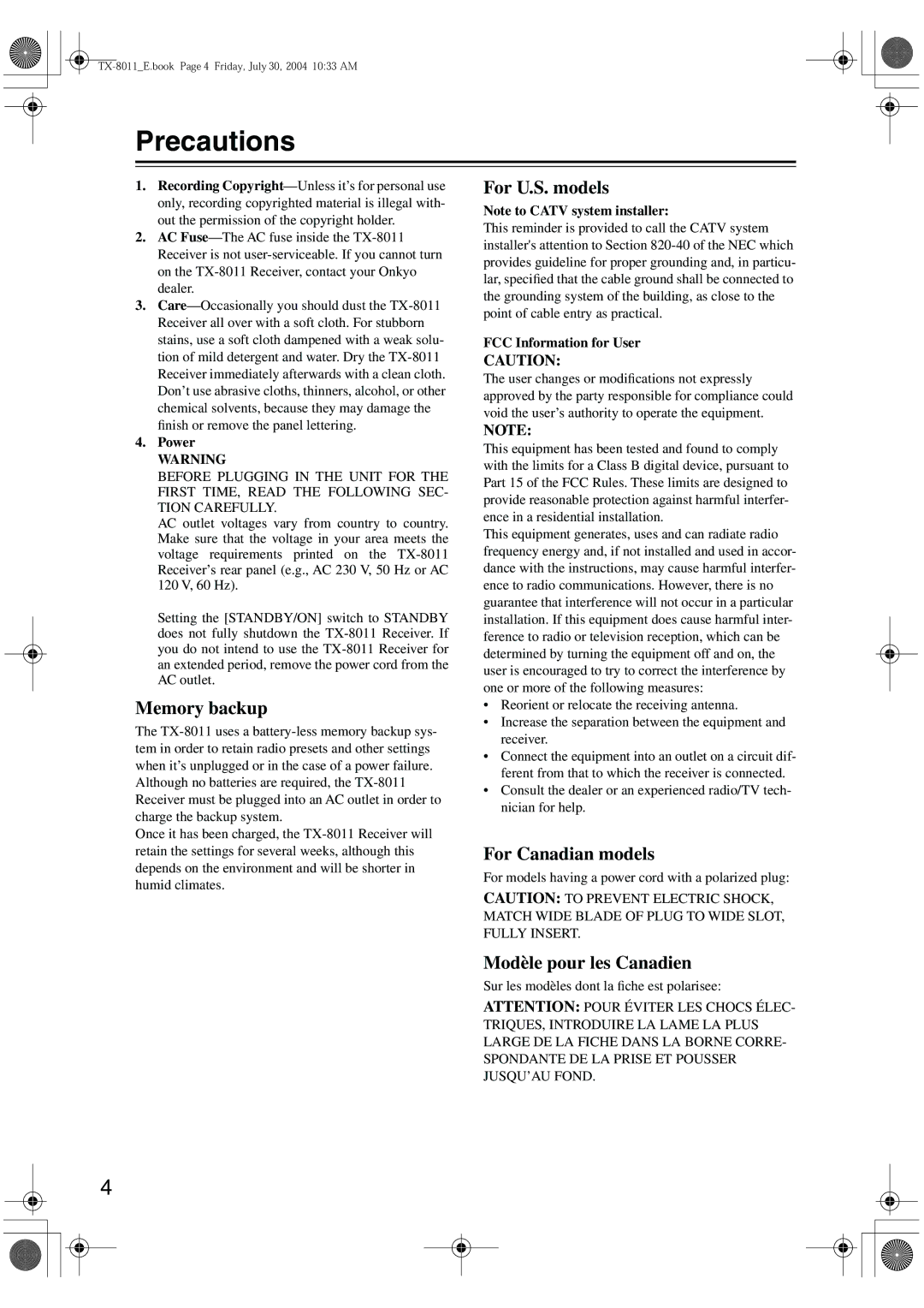 Onkyo TX-8011 Precautions, Power, FCC Information for User, For models having a power cord with a polarized plug 