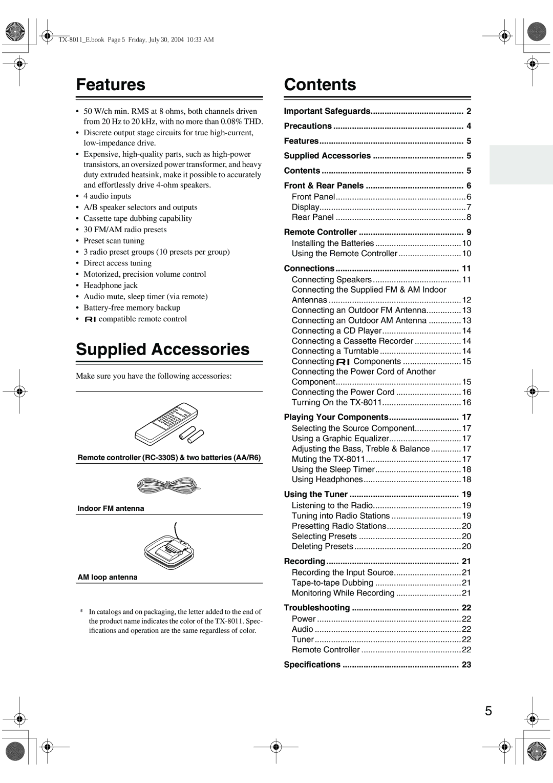 Onkyo TX-8011 instruction manual Features, Supplied Accessories, Contents 