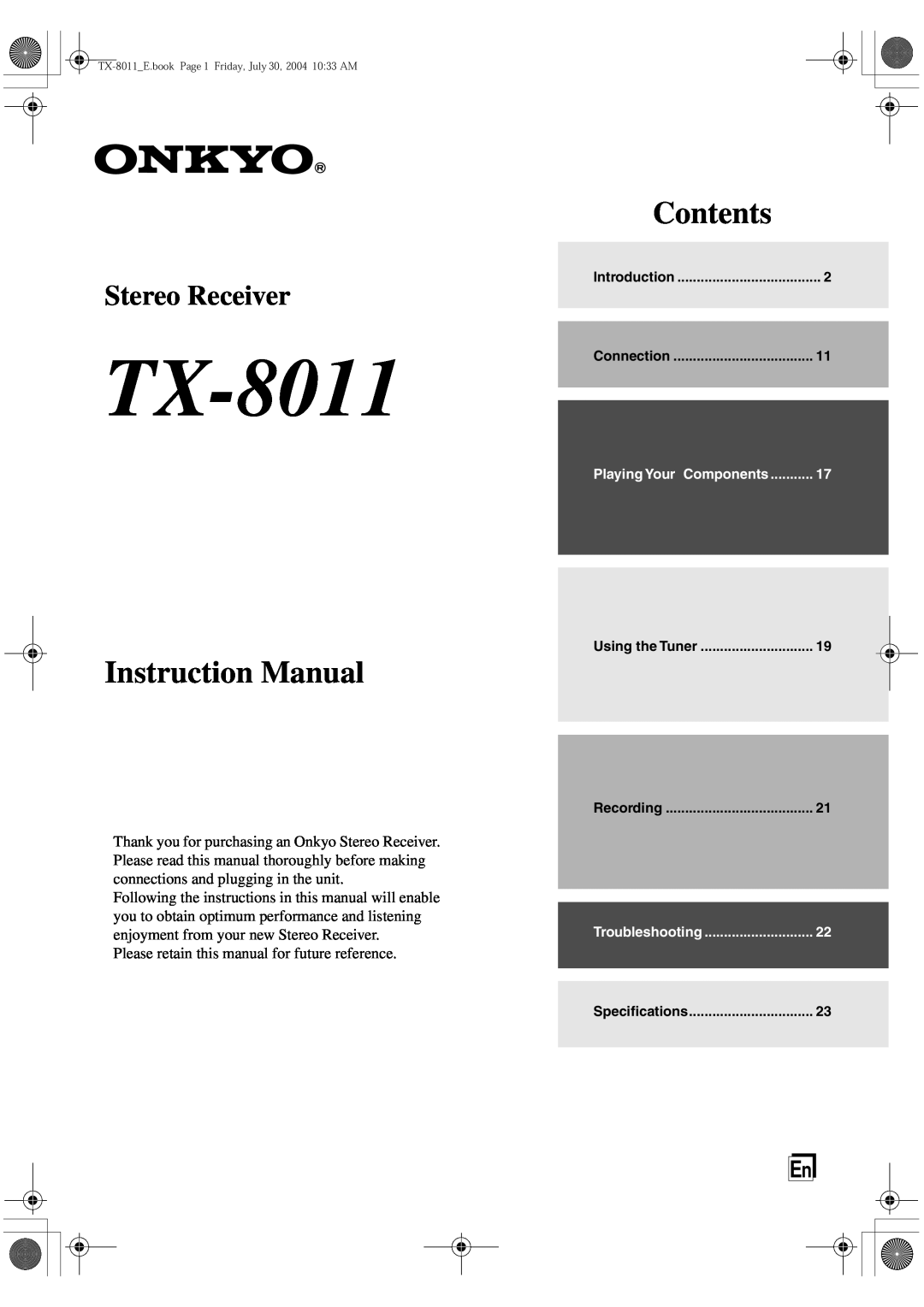 Onkyo TX-8011 instruction manual Contents, Stereo Receiver 